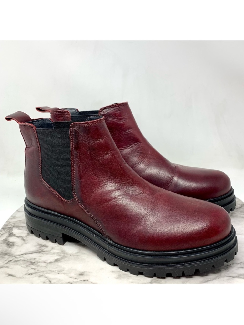 Miz Mooz Levona Dark Red Leather Lug Sole Chunky Chelsea Boots 41 Classic Edgy